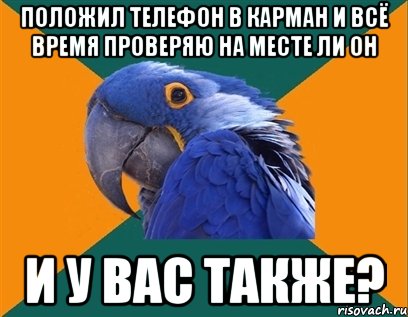 положил телефон в карман и всё время проверяю на месте ли он и у вас также?, Мем Попугай параноик