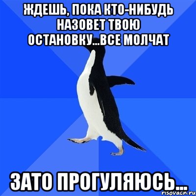 ждешь, пока кто-нибудь назовет твою остановку...все молчат зато прогуляюсь..., Мем  Социально-неуклюжий пингвин