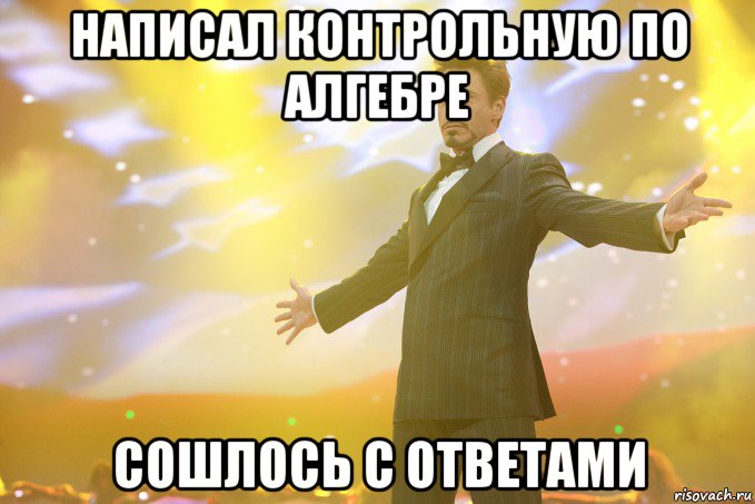 написал контрольную по алгебре сошлось с ответами, Мем Тони Старк (Роберт Дауни младший)