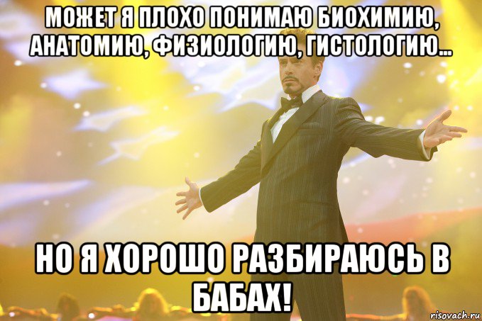 может я плохо понимаю биохимию, анатомию, физиологию, гистологию... но я хорошо разбираюсь в бабах!, Мем Тони Старк (Роберт Дауни младший)