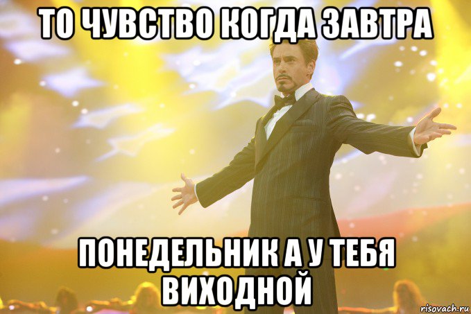 то чувство когда завтра понедельник а у тебя виходной, Мем Тони Старк (Роберт Дауни младший)