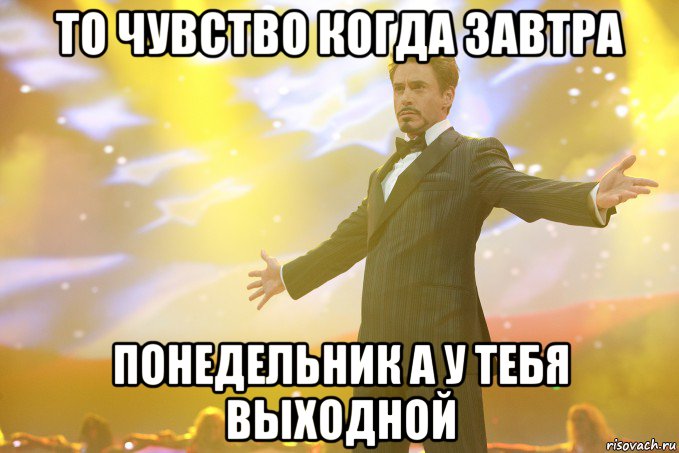 то чувство когда завтра понедельник а у тебя выходной, Мем Тони Старк (Роберт Дауни младший)