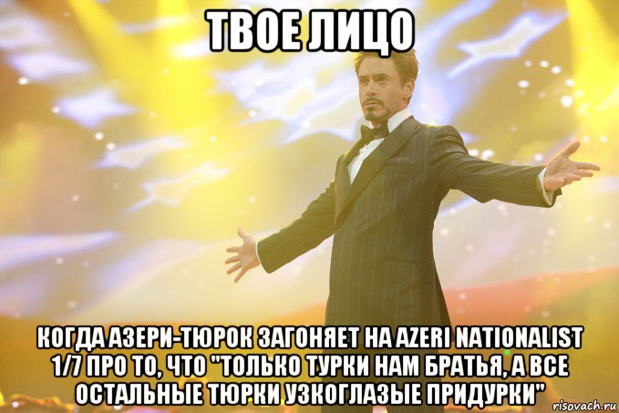 твое лицо когда азери-тюрок загоняет на azeri nationalist 1/7 про то, что "только турки нам братья, а все остальные тюрки узкоглазые придурки", Мем Тони Старк (Роберт Дауни младший)