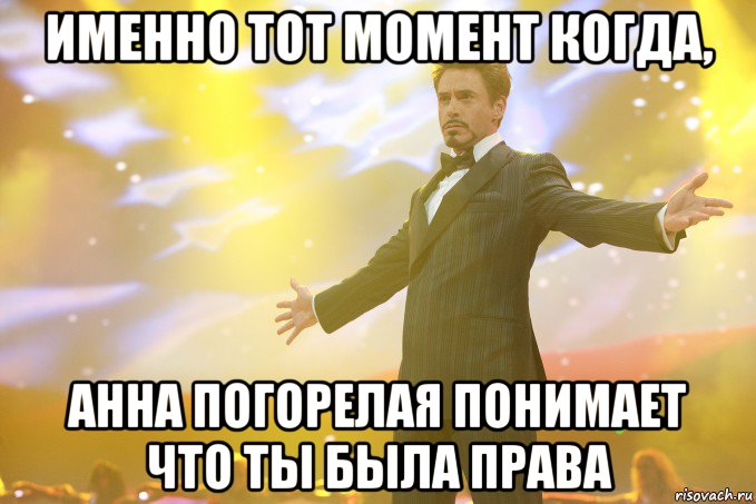 именно тот момент когда, анна погорелая понимает что ты была права, Мем Тони Старк (Роберт Дауни младший)