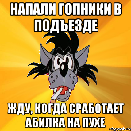 напали гопники в подъезде жду, когда сработает абилка на пухе, Мем Волк