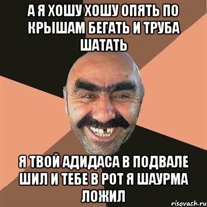 а я хошу хошу опять по крышам бегать и труба шатать я твой адидаса в подвале шил и тебе в рот я шаурма ложил, Мем Я твой дом труба шатал