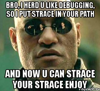 bro, i herd u like debugging, so i put strace in your path and now u can strace your strace enjoy, Мем  а что если я скажу тебе