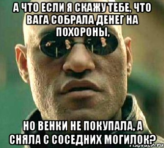 а что если я скажу тебе, что вага собрала денег на похороны, но венки не покупала, а сняла с соседних могилок?, Мем  а что если я скажу тебе