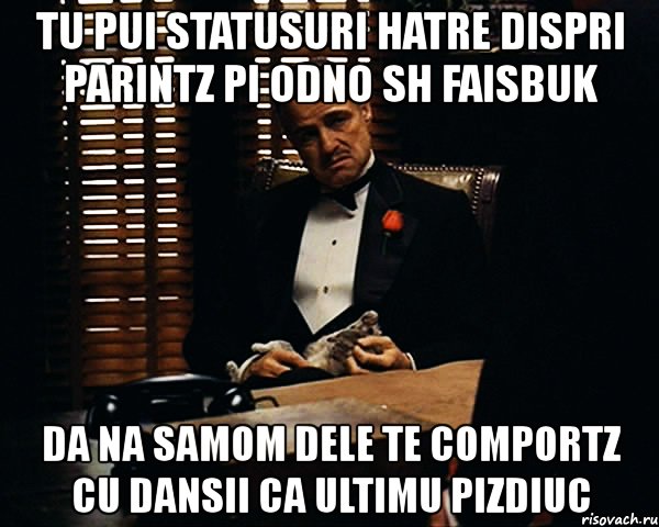 tu pui statusuri hatre dispri parintz pi odno sh faisbuk da na samom dele te comportz cu dansii ca ultimu pizdiuc, Мем Дон Вито Корлеоне