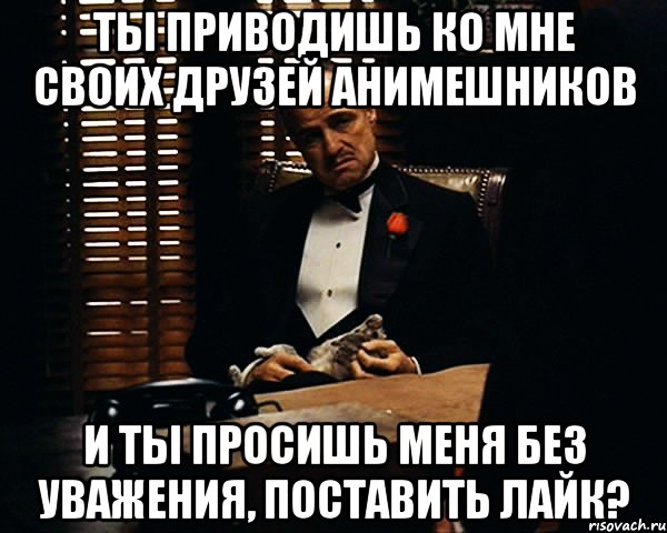 ты приводишь ко мне своих друзей анимешников и ты просишь меня без уважения, поставить лайк?, Мем Дон Вито Корлеоне