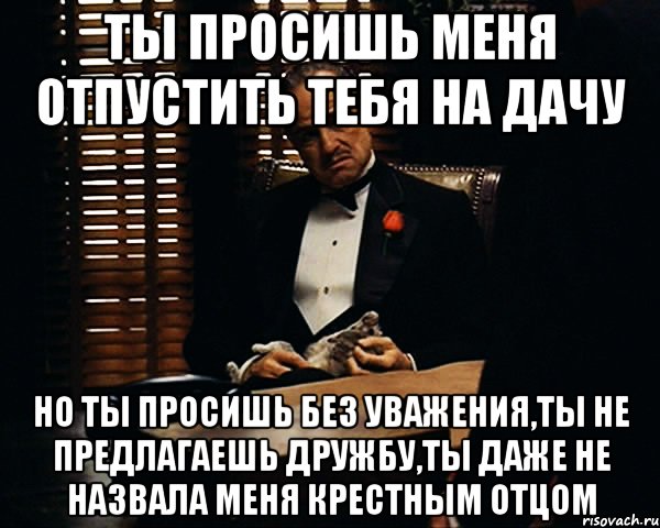 ты просишь меня отпустить тебя на дачу но ты просишь без уважения,ты не предлагаешь дружбу,ты даже не назвала меня крестным отцом, Мем Дон Вито Корлеоне