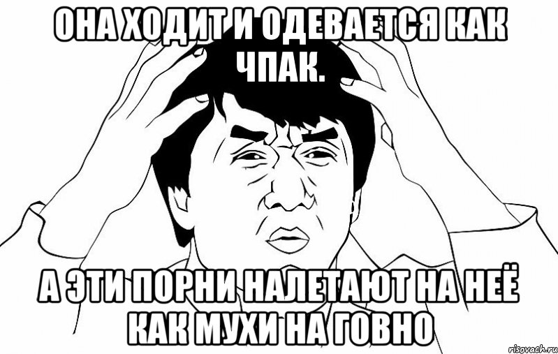 она ходит и одевается как чпак. а эти порни налетают на неё как мухи на говно, Мем ДЖЕКИ ЧАН