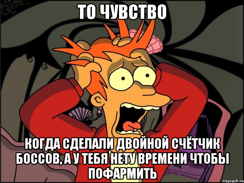 то чувство когда сделали двойной счётчик боссов, а у тебя нету времени чтобы пофармить, Мем Фрай в панике