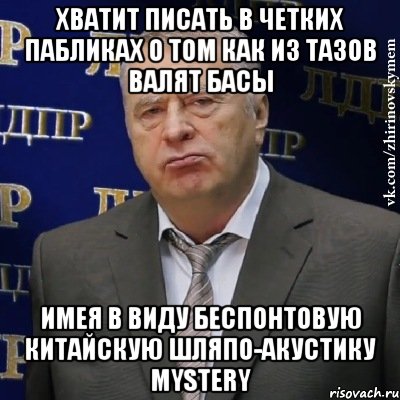 хватит писать в четких пабликах о том как из тазов валят басы имея в виду беспонтовую китайскую шляпо-акустику mystery, Мем Хватит это терпеть (Жириновский)