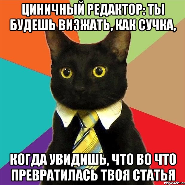 циничный редактор: ты будешь визжать, как сучка, когда увидишь, что во что превратилась твоя статья, Мем  Кошечка