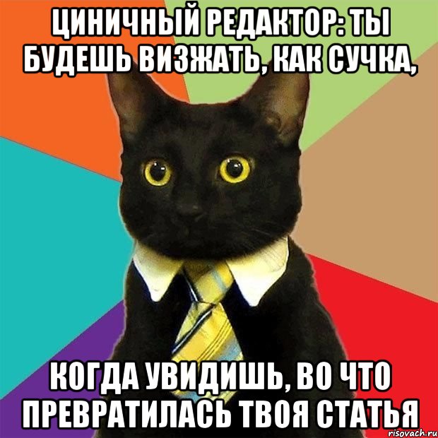 циничный редактор: ты будешь визжать, как сучка, когда увидишь, во что превратилась твоя статья, Мем  Кошечка