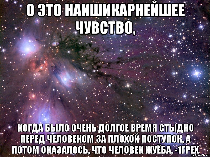 о это наишикарнейшее чувство, когда было очень долгое время стыдно перед человеком за плохой поступок, а потом оказалось, что человек жуёба. -1грех, Мем Космос