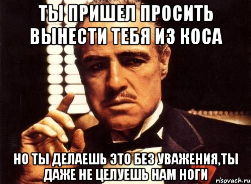 ты пришел просить вынести тебя из коса но ты делаешь это без уважения,ты даже не целуешь нам ноги, Мем крестный отец