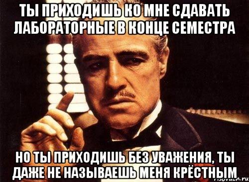 ты приходишь ко мне сдавать лабораторные в конце семестра но ты приходишь без уважения, ты даже не называешь меня крёстным, Мем крестный отец