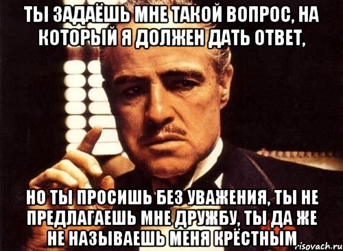 ты задаёшь мне такой вопрос, на который я должен дать ответ, но ты просишь без уважения, ты не предлагаешь мне дружбу, ты да же не называешь меня крёстным, Мем крестный отец