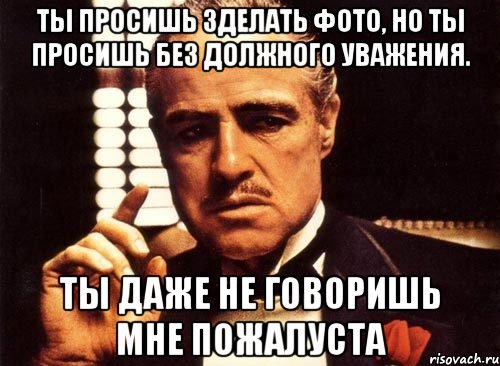 ты просишь зделать фото, но ты просишь без должного уважения. ты даже не говоришь мне пожалуста, Мем крестный отец