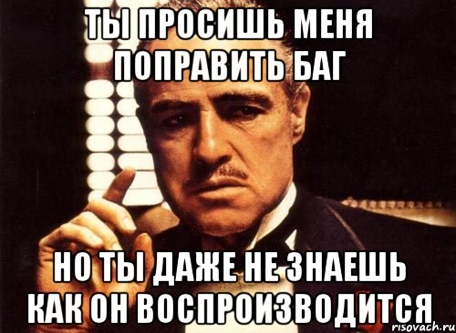 ты просишь меня поправить баг но ты даже не знаешь как он воспроизводится, Мем крестный отец