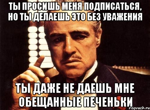 ты просишь меня подписаться, но ты делаешь это без уважения ты даже не даешь мне обещанные печеньки, Мем крестный отец