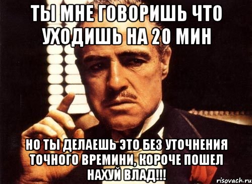 ты мне говоришь что уходишь на 20 мин но ты делаешь это без уточнения точного времини, короче пошел нахуй влад!!!, Мем крестный отец