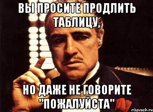 вы просите продлить таблицу, но даже не говорите "пожалуйста", Мем крестный отец