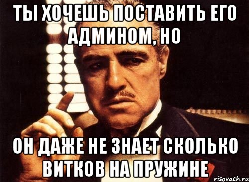 ты хочешь поставить его админом, но он даже не знает сколько витков на пружине, Мем крестный отец