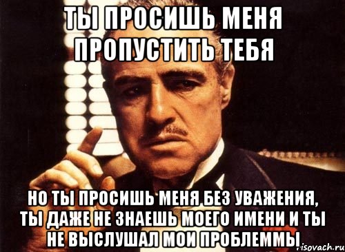 ты просишь меня пропустить тебя но ты просишь меня без уважения, ты даже не знаешь моего имени и ты не выслушал мои проблеммы, Мем крестный отец