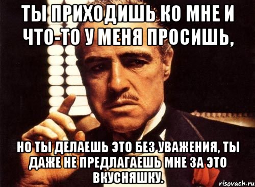 ты приходишь ко мне и что-то у меня просишь, но ты делаешь это без уважения, ты даже не предлагаешь мне за это вкусняшку., Мем крестный отец