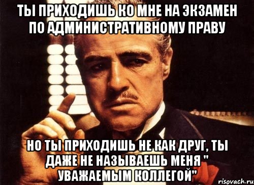 ты приходишь ко мне на экзамен по административному праву но ты приходишь не как друг, ты даже не называешь меня " уважаемым коллегой", Мем крестный отец