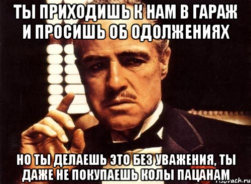 ты приходишь к нам в гараж и просишь об одолжениях но ты делаешь это без уважения, ты даже не покупаешь колы пацанам, Мем крестный отец