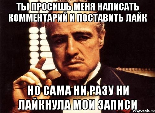 ты просишь меня написать комментарий и поставить лайк но сама ни разу ни лайкнула мои записи, Мем крестный отец