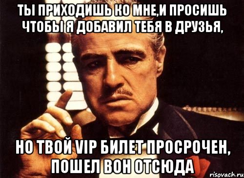 ты приходишь ко мне,и просишь чтобы я добавил тебя в друзья, но твой vip билет просрочен, пошел вон отсюда, Мем крестный отец