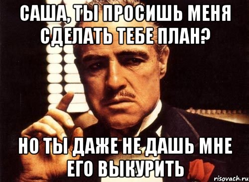 саша, ты просишь меня сделать тебе план? но ты даже не дашь мне его выкурить, Мем крестный отец