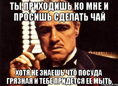 ты приходишь ко мне и просишь сделать чай хотя не знаешь что посуда грязная и тебе придется ее мыть, Мем крестный отец