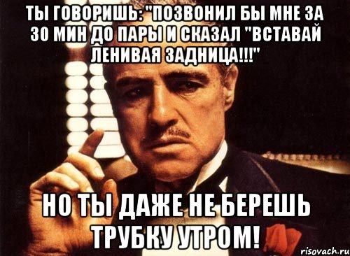 ты говоришь: "позвонил бы мне за 30 мин до пары и сказал "вставай ленивая задница!!!" но ты даже не берешь трубку утром!, Мем крестный отец