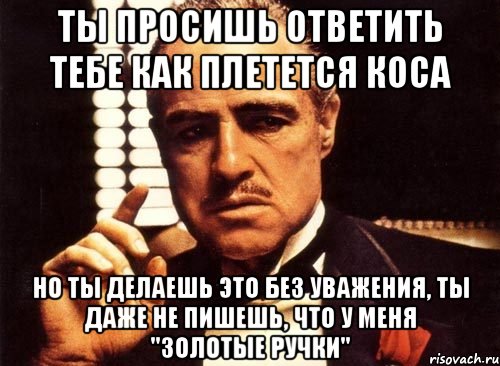 ты просишь ответить тебе как плетется коса но ты делаешь это без уважения, ты даже не пишешь, что у меня "золотые ручки", Мем крестный отец