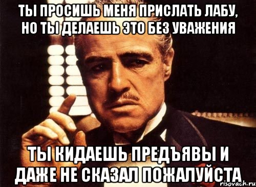 ты просишь меня прислать лабу, но ты делаешь это без уважения ты кидаешь предъявы и даже не сказал пожалуйста, Мем крестный отец