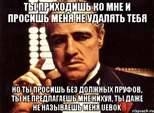 ты приходишь ко мне и просишь меня не удалять тебя но ты просишь без должных пруфов, ты не предлагаешь мне нихуя, ты даже не называешь меня uebok, Мем крестный отец