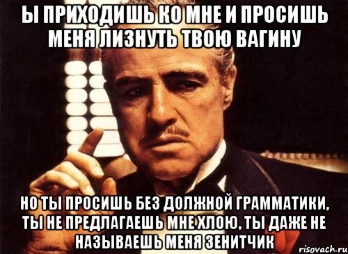 ы приходишь ко мне и просишь меня лизнуть твою вагину но ты просишь без должной грамматики, ты не предлагаешь мне хлою, ты даже не называешь меня зенитчик, Мем крестный отец