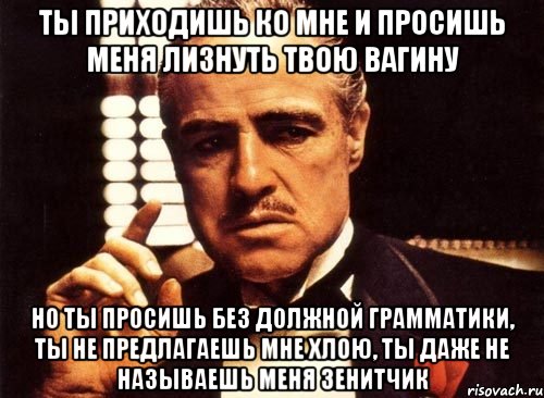 ты приходишь ко мне и просишь меня лизнуть твою вагину но ты просишь без должной грамматики, ты не предлагаешь мне хлою, ты даже не называешь меня зенитчик, Мем крестный отец