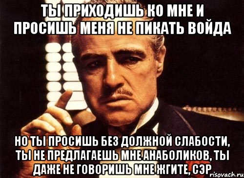 ты приходишь ко мне и просишь меня не пикать войда но ты просишь без должной слабости, ты не предлагаешь мне анаболиков, ты даже не говоришь мне жгите, сэр, Мем крестный отец