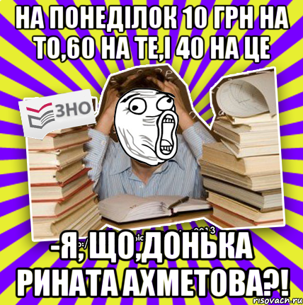 на понеділок 10 грн на то,60 на те,і 40 на це -я, що,донька рината ахметова?!, Мем Лол