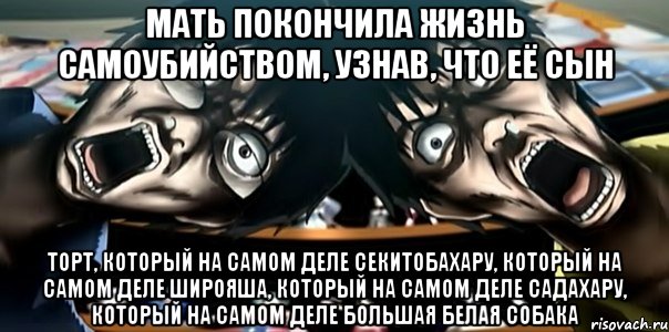 мать покончила жизнь самоубийством, узнав, что её сын торт, который на самом деле секитобахару, который на самом деле широяша, который на самом деле садахару, который на самом деле большая белая собака, Мем Мать покончила жизнь самоубийств