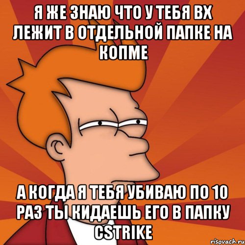 я же знаю что у тебя вх лежит в отдельной папке на копме а когда я тебя убиваю по 10 раз ты кидаешь его в папку cstrike, Мем Мне кажется или (Фрай Футурама)