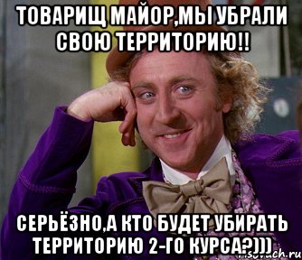 товарищ майор,мы убрали свою территорию!! серьёзно,а кто будет убирать территорию 2-го курса?))), Мем мое лицо