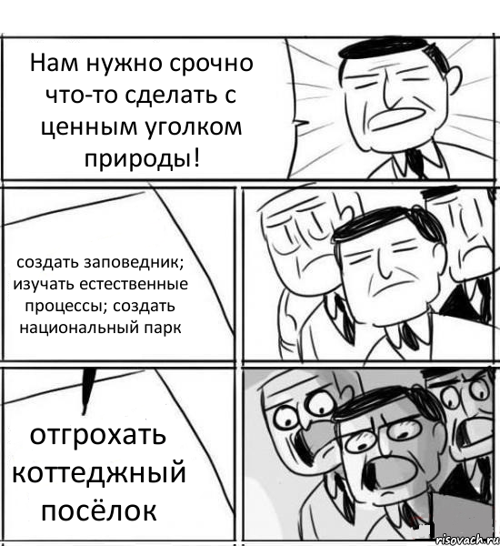 Нам нужно срочно что-то сделать с ценным уголком природы! создать заповедник; изучать естественные процессы; создать национальный парк отгрохать коттеджный посёлок, Комикс нам нужна новая идея